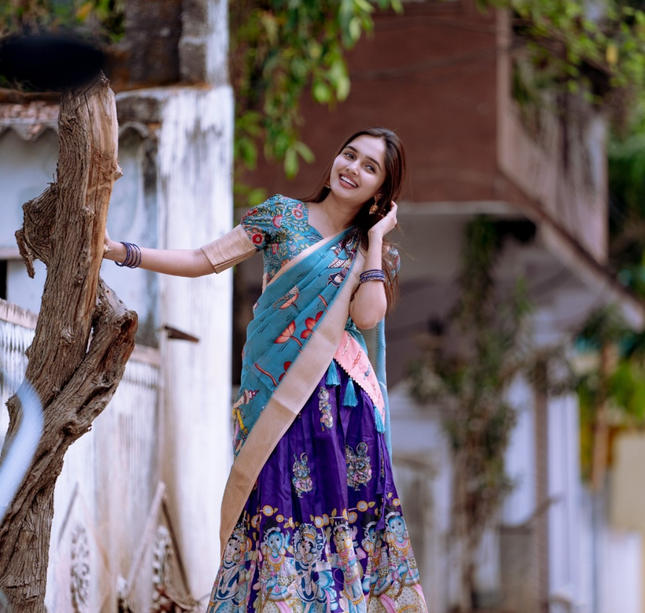 Royal Kalamkari Dola Silk Lehenga Set with Zari Weaving