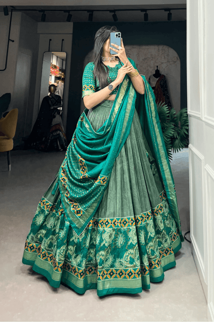 Emerald Foil Floral Tasar Silk Lehenga Set