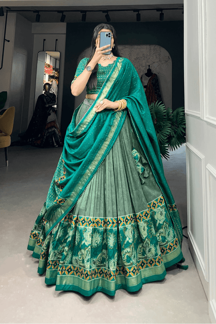 Emerald Foil Floral Tasar Silk Lehenga Set