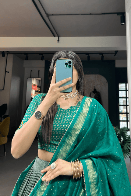 Emerald Foil Floral Tasar Silk Lehenga Set