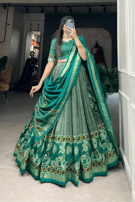 Emerald Foil Floral Tasar Silk Lehenga Set
