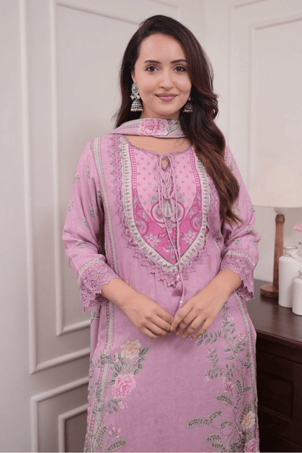 Lilac Muslin Digital Print Hand-Embroidered Pakistani Suit Set