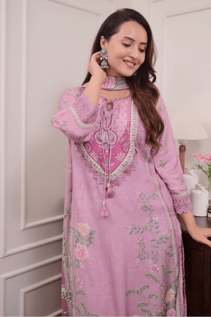 Lilac Muslin Digital Print Hand-Embroidered Pakistani Suit Set