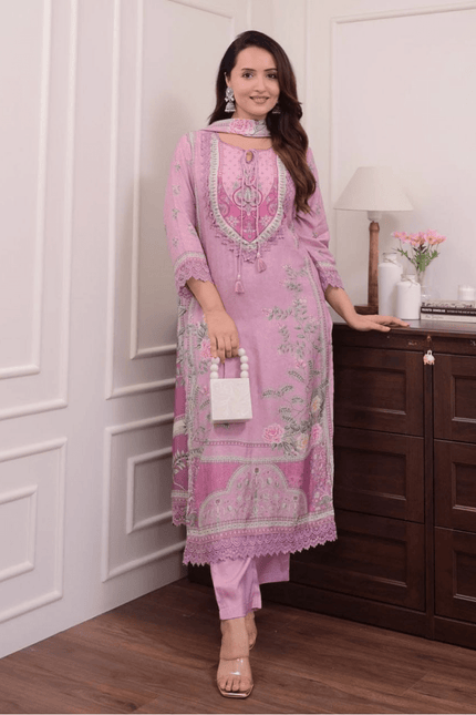 Lilac Muslin Digital Print Hand-Embroidered Pakistani Suit Set