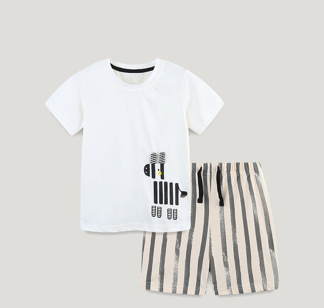 Summer Baby Kids Animals Cartoon Pattern T-shirt and Striped Shorts Clothing Set for Boys