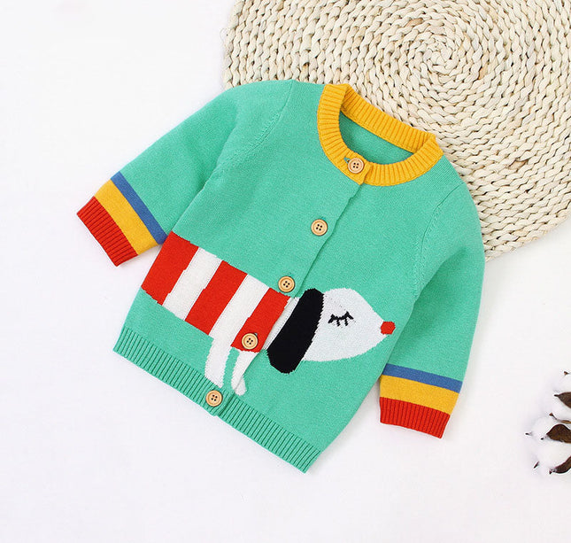 Baby Cartoon Dog Pattern Colorful Contrast Design Cardigan
