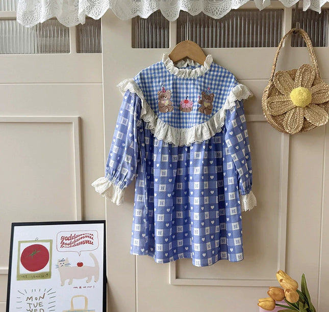 Arrival Girls Autumn Teddy Bear and Plaid Pattern Long Sleeves Dress