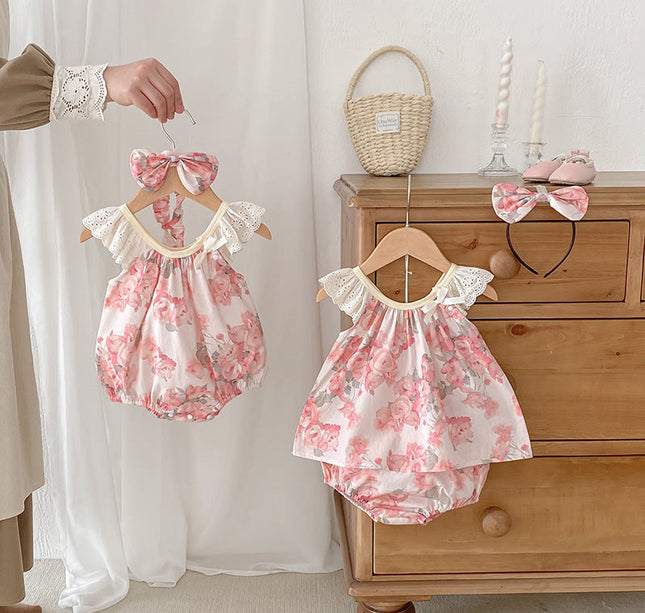 Summer Girls Flowers Pattern Sleeveless Hollow Out Lace Strap bodysuit And Clothing Set – Sister Matching Clothing Set
