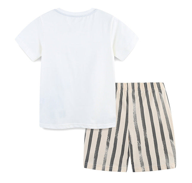 Summer Baby Kids Animals Cartoon Pattern T-shirt and Striped Shorts Clothing Set for Boys