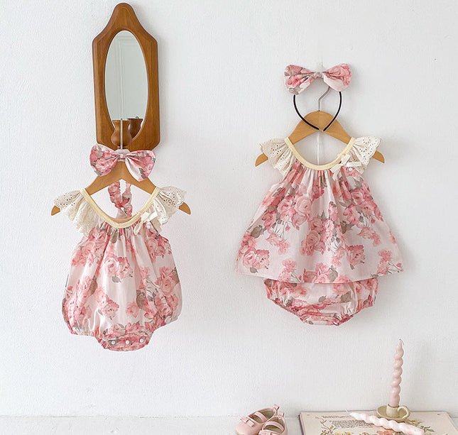 Summer Girls Flowers Pattern Sleeveless Hollow Out Lace Strap bodysuit And Clothing Set – Sister Matching Clothing Set