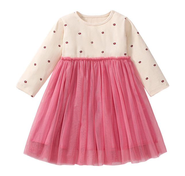 Design Autumn Girls Flowers Pattern Crew Neck Long Sleeves Pink Tulle Patchwork Princess Dress