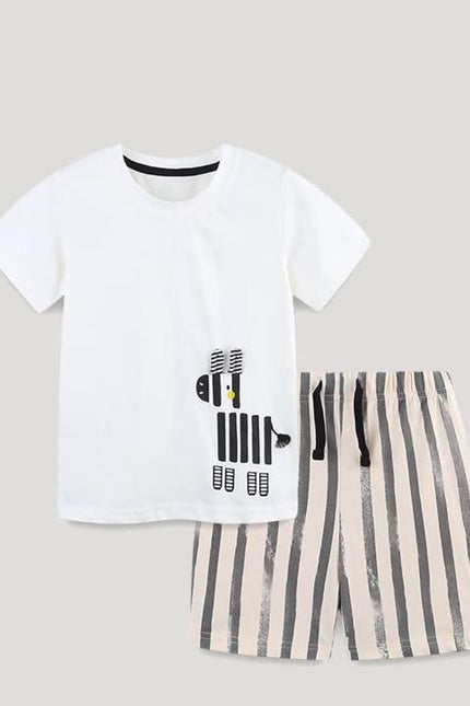 Summer Baby Kids Animals Cartoon Pattern T-shirt and Striped Shorts Clothing Set for Boys