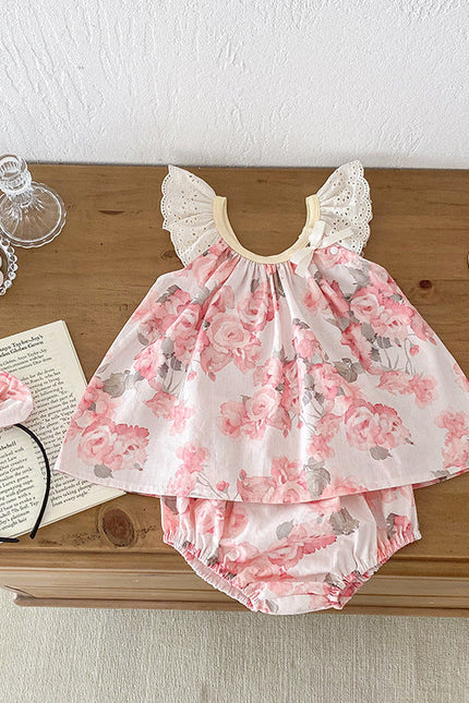 Summer Girls Flowers Pattern Sleeveless Hollow Out Lace Strap bodysuit And Clothing Set – Sister Matching Clothing Set