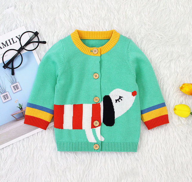 Baby Cartoon Dog Pattern Colorful Contrast Design Cardigan